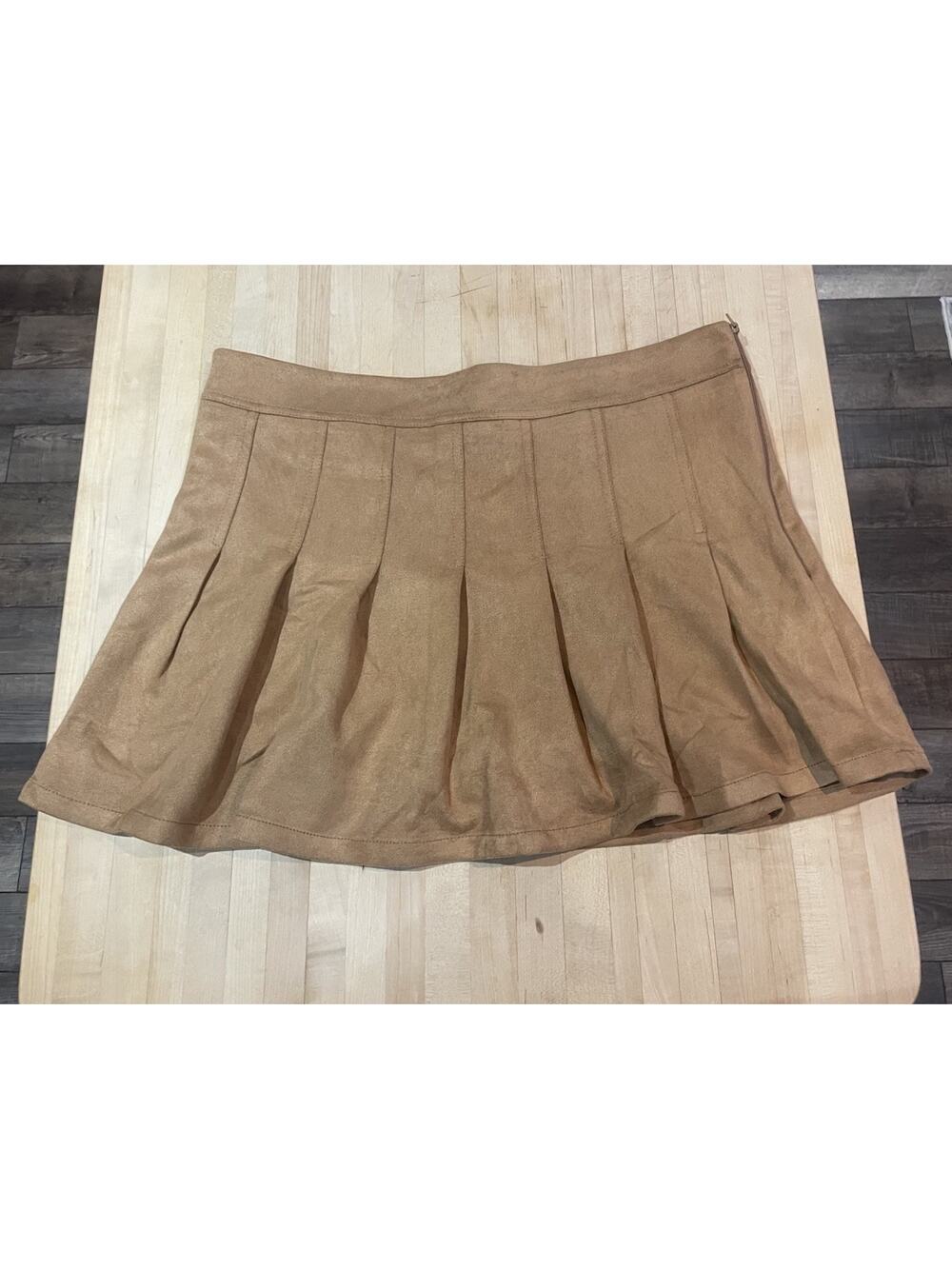Windsor Camel Tan Faux Suede Pleated Mini Skirt Skort Lined Side Zip XL Skater